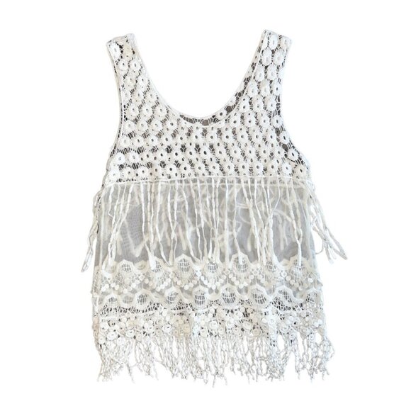 White Crystal K Boho Crochet Mesh Sheer Fringe Top y2k - Picture 1 of 7